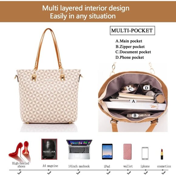 Fashionable 5pcs Handbag Set: Faux Leather Tote, Satchel & Clutch in Beige - Picture 5 of 6